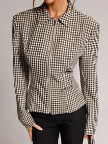 SHEIN BAE Women's Plaid Zipper Front Casual Regular Fit Jacket - Khaki - View 5