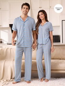 CoupledUp Men's Blue Striped Print Small Lapel V-Neck Thin Short Sleeve Long Pants Casual Comfortable Wearable 2 Pieces Pajama Set - Blue - View 6
