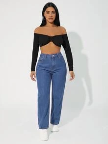 SHEIN ICON 大尺碼女款休閒百搭日常牛仔褲，附口袋與鈕扣設計 - 深色水洗藍 - 查看 5