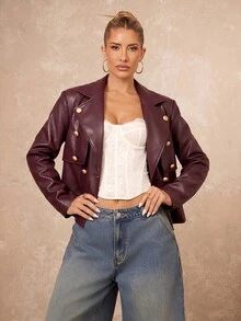 Lumalex Women's Solid-Color PU Leather Collared Long-Sleeve Double-Breasted Metal Buckle Belted Fashion Jacket Autumn Style Burgundy Grain Stylish Oversized - Burgundy - View 7