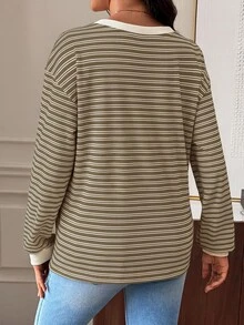 SHEIN 孕婦條紋拼色長袖T恤，適合日常穿著，秋季正式場合，拍照好看，白色與綠色，休閒優雅 - 棕色 - 查看 2