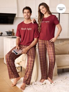 CoupledUp Men's Knitted Round Neck Short Sleeve Long Pants Plaid Print Pajama 2 Pieces Set - Multicolor - View 7