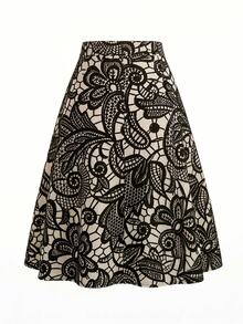 SHEIN Clasi 熱帶印花繫帶前襟A字裙，適合度假，穿著舒適 - 黑色 - 查看 2