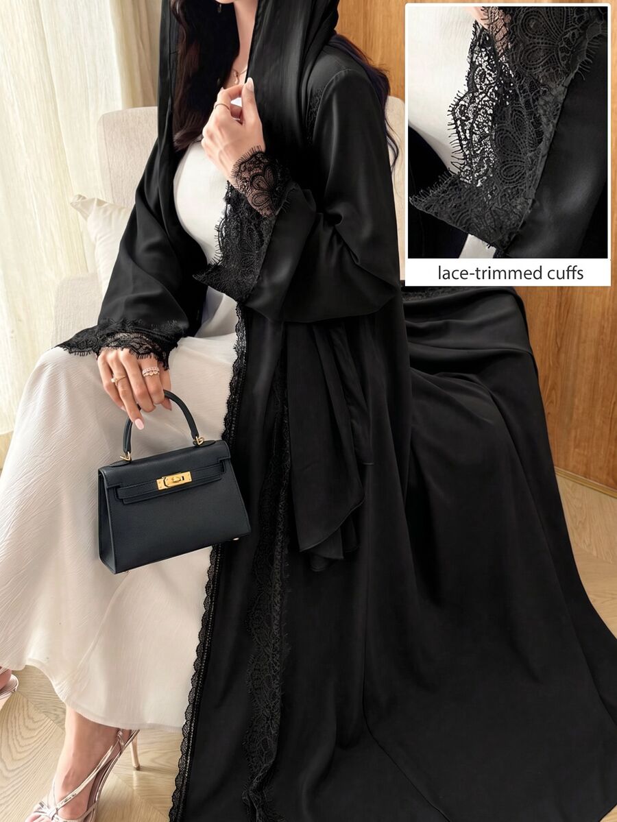 Al Najma Romantic Elegant Solid Color Flared Mesh Lace Decor Women's Abaya - Black - View 1
