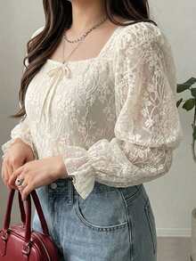 Dazy Plus Bowknot Decor Lace Puff Short Sleeve Elegant Versatile Spring Summer Apricot T-Shirt Fall - Apricot - View 1