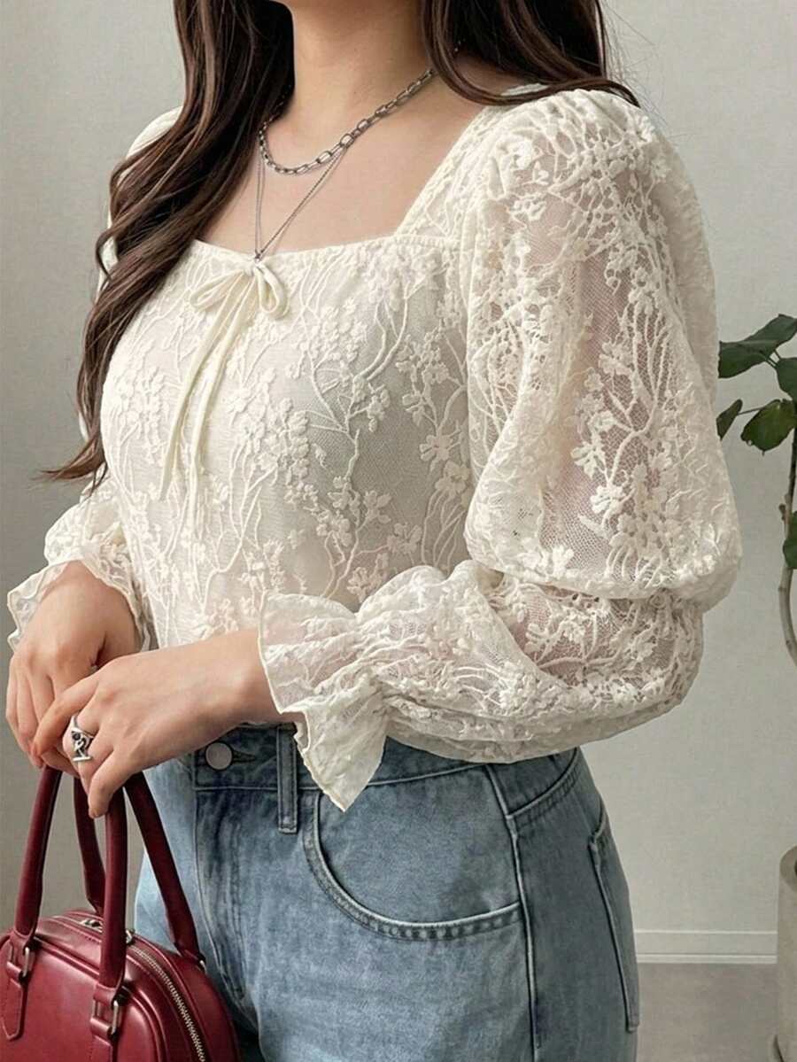 Dazy Plus Bowknot Decor Lace Puff Short Sleeve Elegant Versatile Spring Summer Apricot T-Shirt Fall - Apricot - View 1