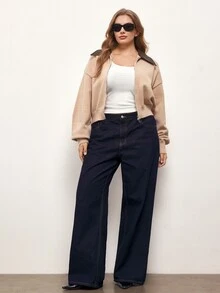 Maija Plus Size Minimalist Street Style Zipper Long Sleeve Knit Cardigan - Brown - View 3