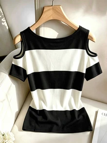 Rafferiza Women's Casual Striped Print Round Neck T-Shirt, Fashionable V-Neck Cold Shoulder Short Sleeve Top, Versatile For Office, Daily, Birthday, Date And Multiple Occasions - Multicolor - View 2