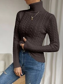 SHEIN LUNE 復古百搭高領麻花編織長袖套頭毛衣 - 咖啡棕 - 查看 5