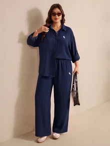 Elaquor 大尺碼女款休閒極簡基礎條紋兩件套，寬鬆版型 - 藏蓝色 - 查看 1