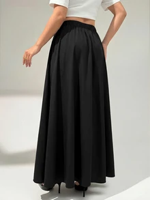 Auralis Plus Size Women's Solid Color Elastic Waist Casual Commute Skirt - Black - View 3
