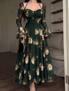 Feyla Women's Elegant Floral Print Waist-Cinching Long Dress - Army Green - View 3