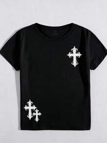 Maweii 大尺碼女款夏季時尚十字印花圓領T恤上衣 - 黑色 - 查看 3
