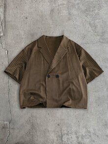 AXEPEAK 男士條紋短袖襯衫與長褲休閒日常穿搭 - 卡其色 - 查看 4