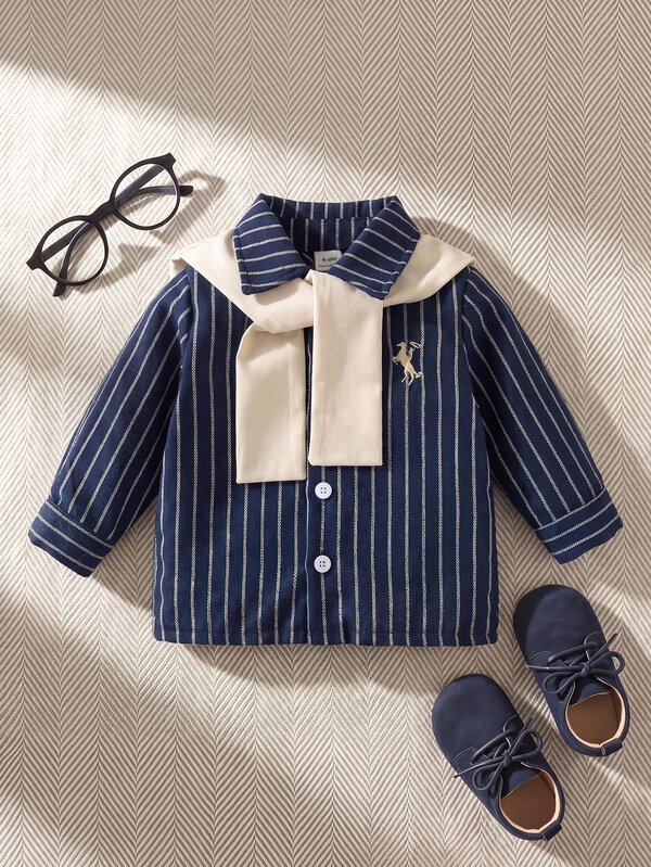 Souflis Souflis Baby Boy Spring/Summer French Vacation Style Casual Elegant Blue & White Striped Shirt With Shawl Set