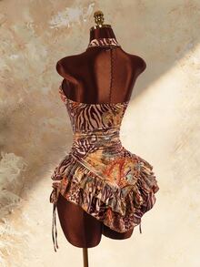 Amplova Women's Sexy Animal Print Ruffle Backless Halter Neck Mini Dress, Summer - Brown - View 2