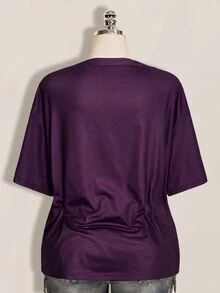 SHEIN ICON 女款大尺碼十字架與翅膀哥德風圖案T恤 - 紫色 - 查看 2