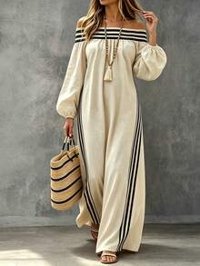 Linhara CURVE Spring/Summer Off-Shoulder Elastic Waist Loose Casual Fashion Plus Size Dress, Suitable For Daily Wear, Outings And Gatherings Fall - Apricot - View 3