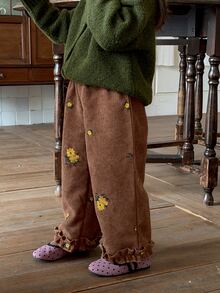 DAZY Baby Girl Ruffle Hem Floral Embroidered Casual Long Pants - Coffee Brown - View 7