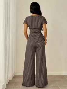 SHEIN PETITE Women's Striped Shirt & Pants Suit Set - Brown - View 2