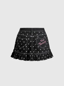 Sweetness Cute Vintage Cow-Print Heart Pattern Pink Embroidered Text Women's Skirt - Black - View 2