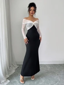 SHEIN Raffinéa Elegant Sexy Off-Shoulder Long Sleeve Fitted Bodycon Dress For Women - Black and White - View 6