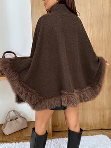 SHEIN Maternity Elegant Chic Western Stand Collar Cape Overcoat For Autumn/Winter, Silky-Smooth Fur Collar-Sophisticated And Fall Thanksgiving Party Brown - Brown - View 2