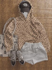 SHEIN EZwear 女款豹紋休閒百搭日常穿著連帽衛衣 - 彩色 - 查看 5