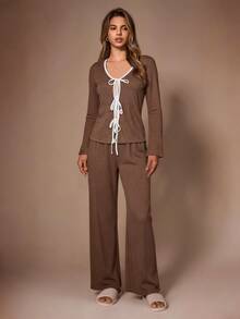 Lazeform Women's Casual Knit Tie-Front Cardigan Loungewear Pajama Set - Brown - View 6