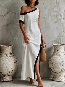 Glimmora Black & White Contrast Color Asymmetrical Shoulder Asymmetric Sleeve Design Fitted Elegant Long Straight Dress Plus Size Women - Black and White - View 3