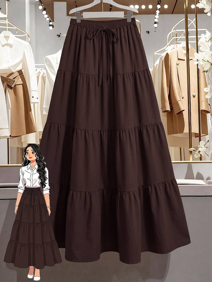 GlowEve CURVE Plus Size Minimalist Drawstring Waist Pleated Skirt Fall - Brown - View 1