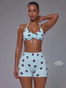 Musera Sport Tropical Flower Print Scoop Halterneck Ruched Bust Sports Bra With High Rise Fitted Active Mini Short Coord Sold As Set Active Sports Pilates Running - Blue - View 1