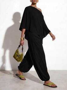 Zivah Women's Summer Solid Color Asymmetrical Shoulder Asymmetrical Hem Top And Jogger Pants Casual Set - Black - View 5