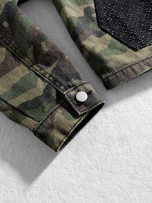 ROMWE MEN 男士迷彩圖案長袖前開拉鍊牛仔夾克 - 軍綠色 - 查看 7