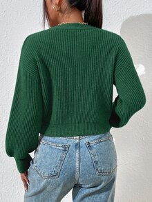 SHEIN LUNE 休閒百搭極簡純色開襟羊毛衫 - 綠色 - 查看 2