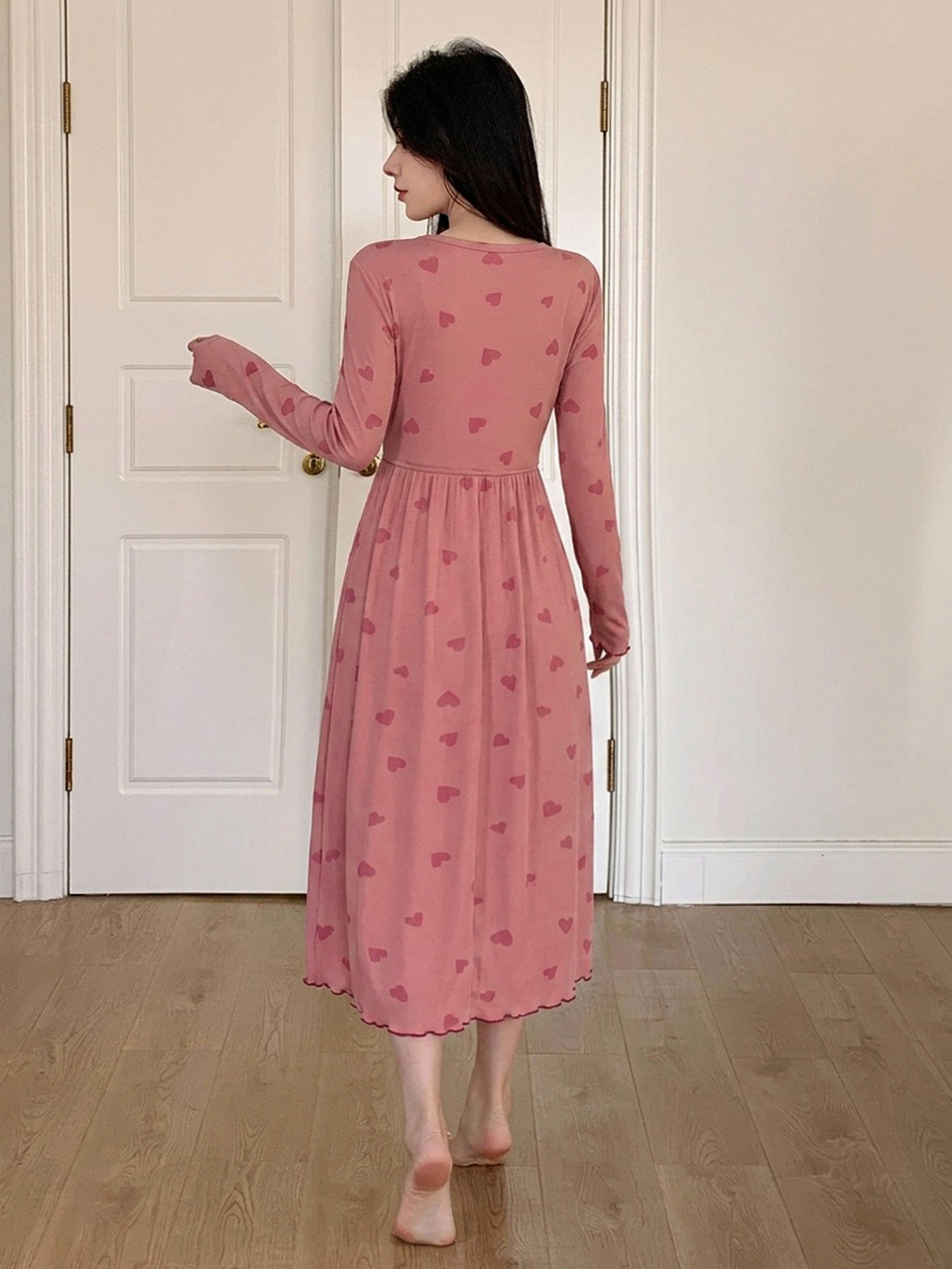 Heart Print Waist-Cinching Long Sleeve Dress Nightgown For Women