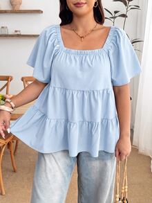 Enliva Blusa de talla grande con cuello cuadrado, ajuste holgado, volantes escalonados y manga corta - Azul - Ver 7