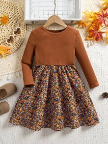 Emery Rose Kids Emery Rose Kids 女童小女孩拼色休閒日常夏季旅行洋裝 秋季風格 秋冬日常 農場萬聖節穿搭 - 卡其色 - 查看 4