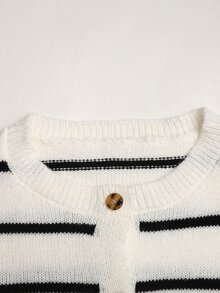 SHEIN 青少年女孩/小女孩休閒長袖黑白條紋開襟衫，秋冬服飾，條紋 - 白色 - 查看 8