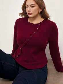 Maija Plus Size Women's Solid Color Crew Neck Long Sleeve Casual Sweater - Burgundy - View 6