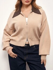 Maija Plus Size Minimalist Street Style Zipper Long Sleeve Knit Cardigan - Brown - View 6