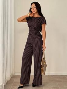 SHEIN PETITE 女款條紋不對稱下擺襯衫與寬鬆長褲套裝 - 咖啡棕 - 查看 3