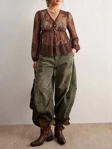 Freevana 女款蕾絲貝殼鈕扣透視襯衫 大尺碼寬鬆優雅休閒日常街頭出遊通勤度假 春夏女裝大尺碼襯衫 - 咖啡棕 - 查看 13