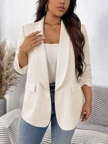 SHEIN LUNE Plus Size Women's Solid Color Pleated Sleeve Blazer In Fall/Winter - Beige - View 7