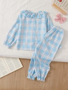 SHEIN 2件組女童幼兒柔軟平滑梭織布印花時尚藍白格紋開襟衫，附領口荷葉邊下擺、精緻蝴蝶結刺繡長袖長褲春秋冬睡衣家居服套裝 - 藍白色 - 查看 2