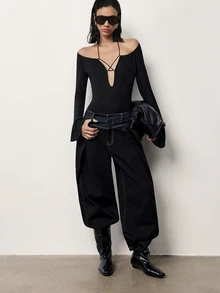 MERLEAU Women's Modern Front Hollow Long Sleeve Bodysuit - Black - View 7