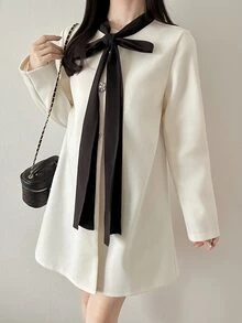 FRIFUL Mantel Wanita Lengan Panjang Elegan dengan Desain Simpul untuk Musim Gugur/Dingin - Krem - View 4