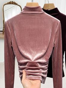 SHEIN Clasi 女款素色高領長袖休閒打底 T-shirt - 藕粉色 - 查看 9