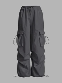 SHEIN x Lina SHEIN ICON Celana Kargo Hitam dengan Saku Lipat dan Tali Serut di Samping Pinggang - Grey - View 1