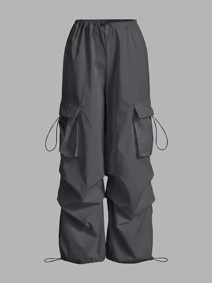 SHEIN x Lina SHEIN ICON Celana Kargo Hitam dengan Saku Lipat dan Tali Serut di Samping Pinggang - Grey - View 1